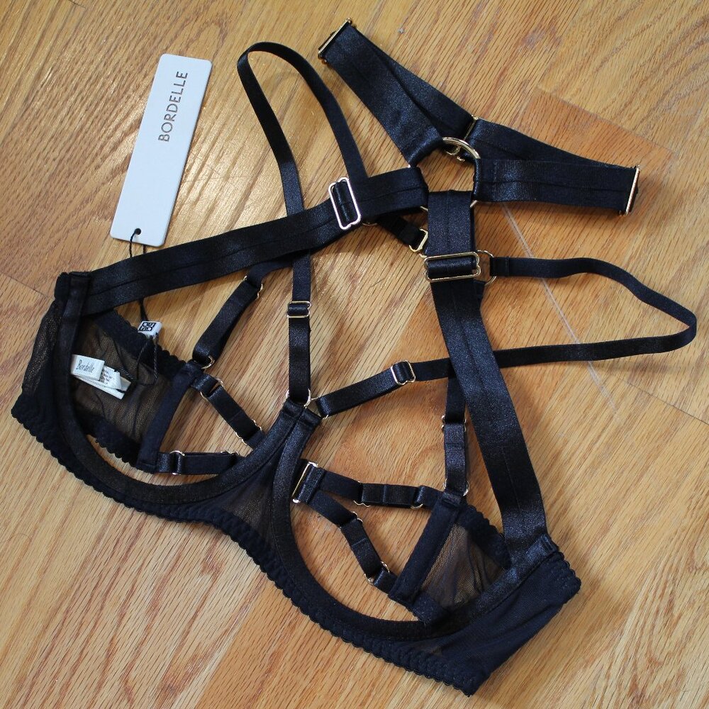 SOLD Bordelle Tomoe Ouvert Wire Bra Black strappy mesh 24k M Medium SIGEXCLB11B